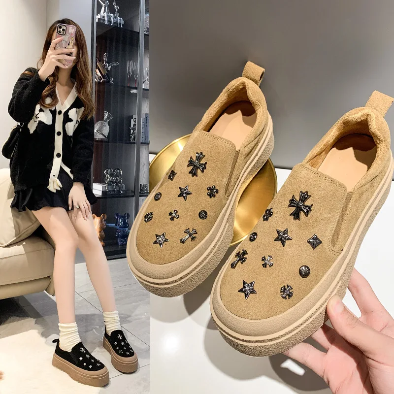 Women's Rhinestone Platform Shoes Rhinestone Loafers Women's Foot Flats Leisure Sports Platform Shoes Suede Shoes