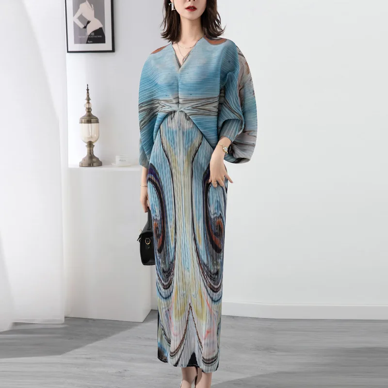 YUDX Miyake Pleated Hand Painted Printing Dress 2023 Spring Summer New Plus Size Women's Long Casual Designer Dress