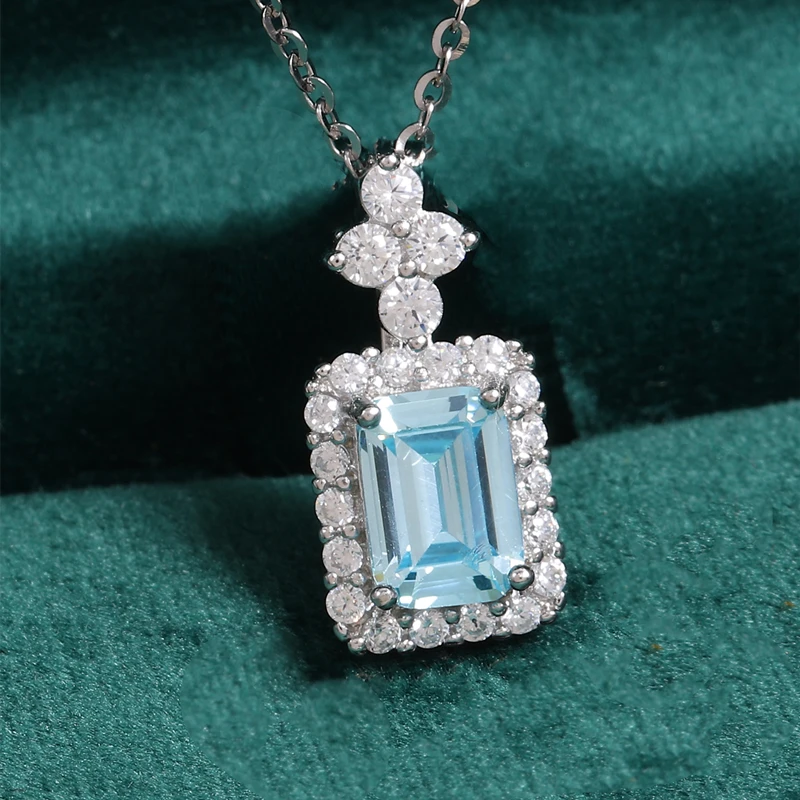 

2022 Brand New 925 Sterling Silver High Quality Ladies Necklace Blue Square Pendant Zircon Necklace Free Shipping