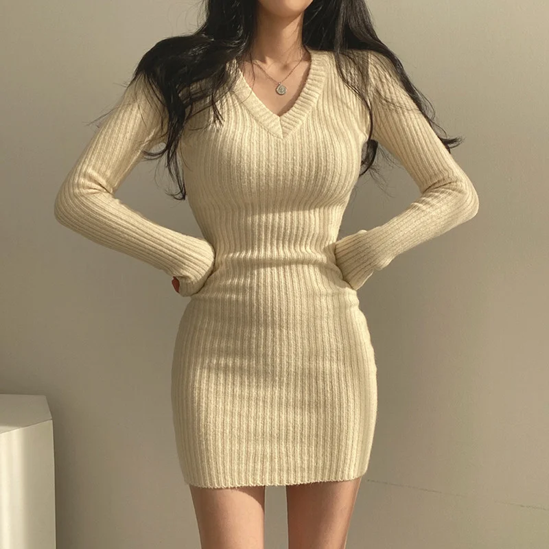 2023 Dresses For Women Sexy V neck Slim Ribbed Knitted Bodycon Dress Women Korean Winter Long Sleeve Mini Sweater Dress