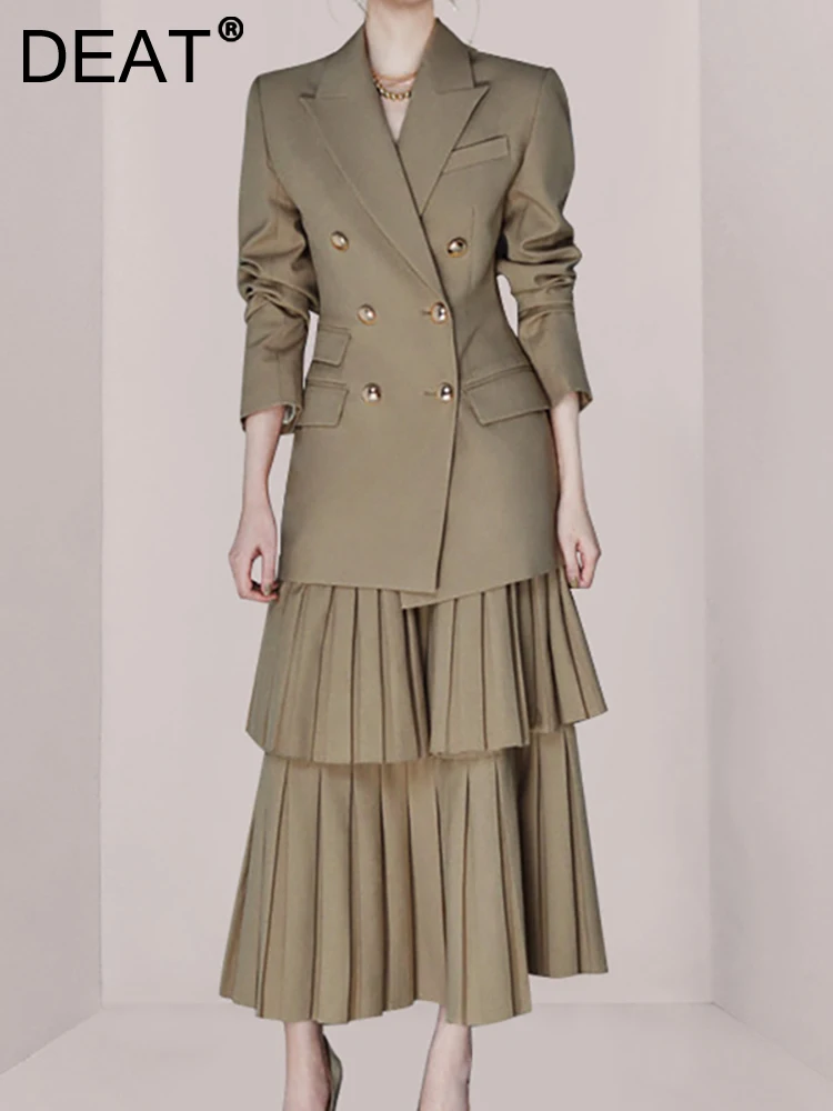 

[DEAT] Women's 2 Pcs Set Notched Color Double Button Blazer High Waist Stack Pleated Loose Skirt Suit Spring 2023 New 13DB1614