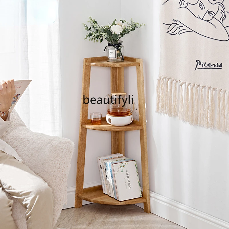 

zqSolid Wood Shelf Oak Trapezoidal Bookshelf Floor-Standing Shelf Nordic Wooden Display Rack Flower Stand