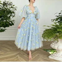 OIMG V Neck Light Blue Prom Dresses Puff Half Sleeves Embroidery Flowers Tea Length Evening Party Gowns New Women Vestidos