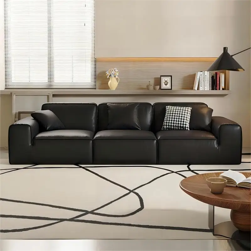 

Italian style big black cattle summer picture leather sofa living room net red minimalist first layer cow leather black tofu blo