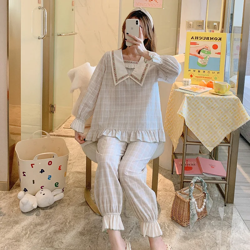 Летняя женская Милая пижама с длинным рукавом хлопковая сетчатая Дамская