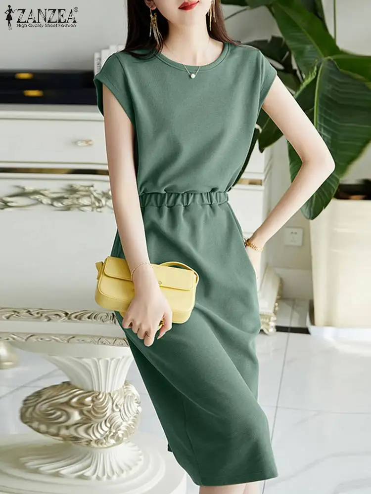 

Элегантное женское летнее однотонное офисное платье ZANZEA с коротким рукавом, повседневный женский сарафан длиной до колена, женское платье