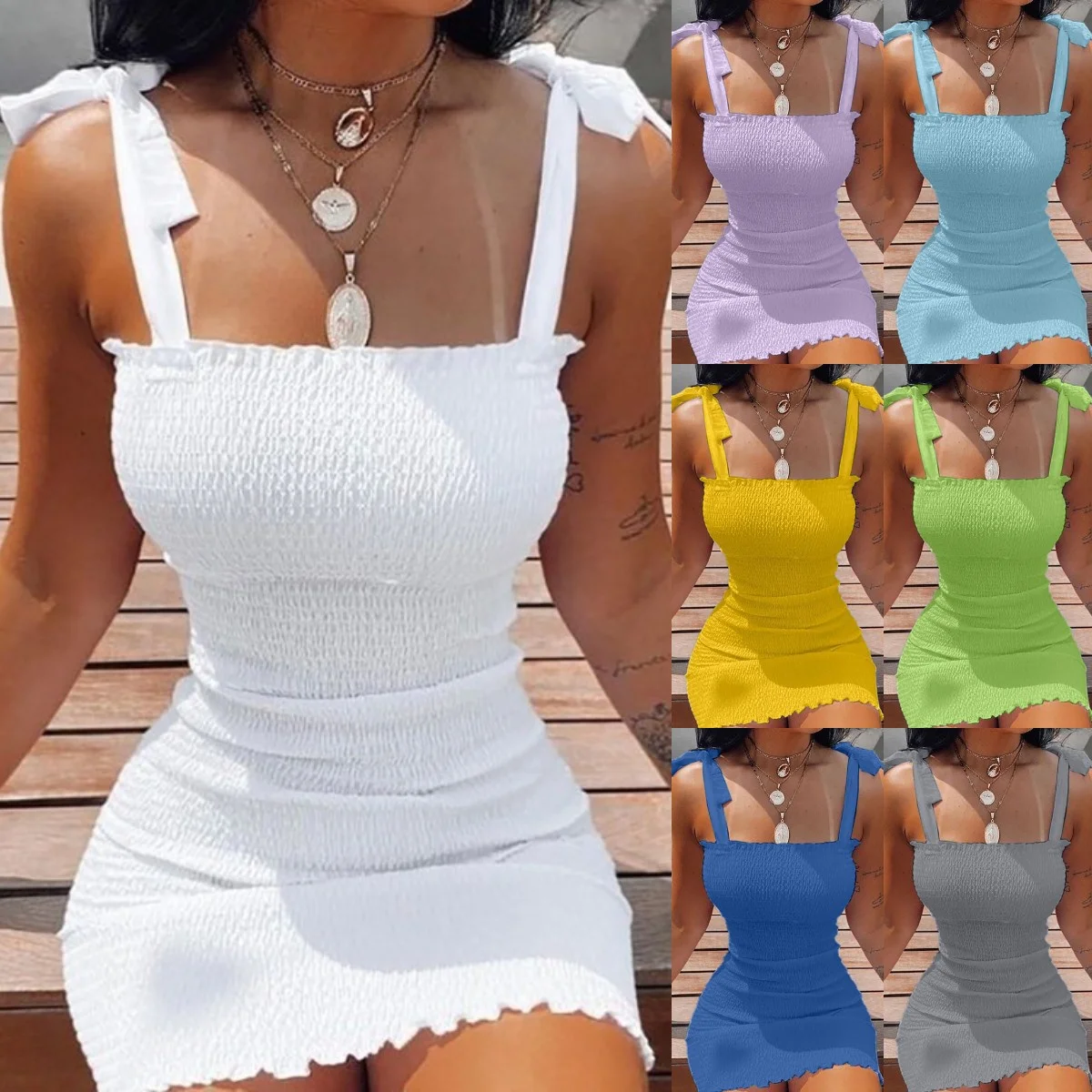 Women's Fashion Off Shoulder Sleeveless Smocked Bodycon Dress Women Strapless Mini Dresses Ladies Short Party Club Dress