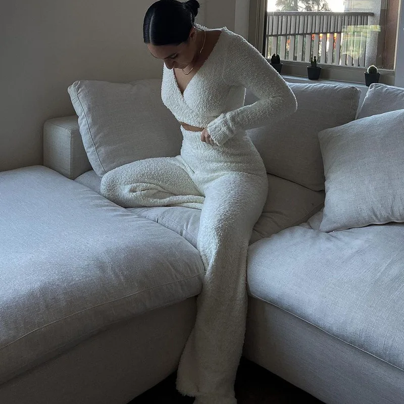 Модные флисовые пушистые уютные комплекты из 2 предметов женский сексуальный