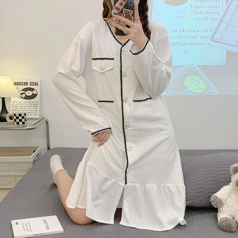 

Foply Women Nightgowns 100% Cotton Nightdress Cute Sleepdress Solid Nightwear Long Sleeve Sleepwear Loose Soft V-Neck Homewear