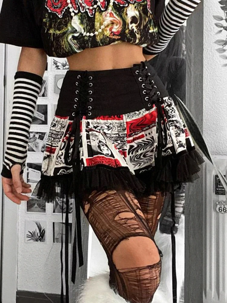 

Women High Waist Skirt Harajuku Streetwear Mini Short Skirt Ladies Casual Print Irregular Bandage A-Line Skirts Female