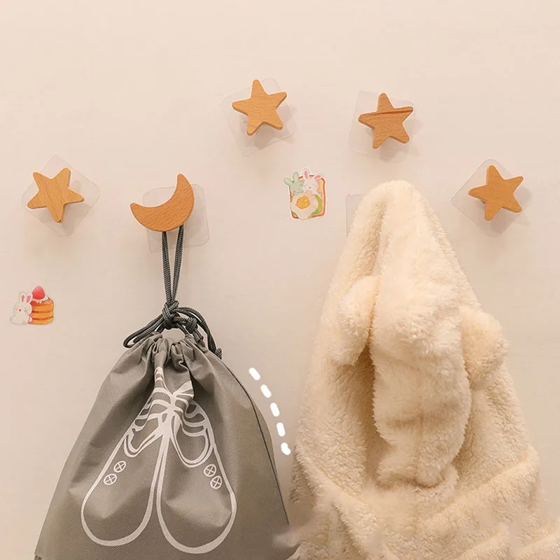 

Скандинавская звезда луна, деревянный крючок без отверстий, липкий крючок для пальто, шляпы, настенная вешалка для одежды, брелок для ключей, органайзер для хранения, домашний декор