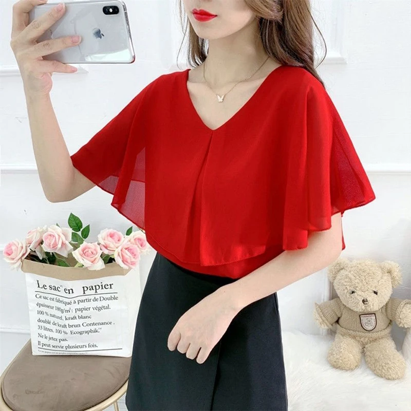 

2022 Summer Elegant Fassion Korean Loose Ruffles Short Sleeve Chiffon Blouses Solid Chic Shirring V-neck Tops Women Shirts Femme
