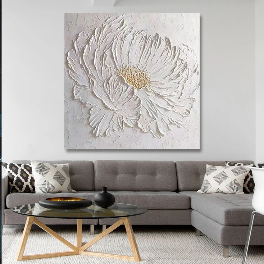 100% ручная роспись 3d абстрактный белый цветок нож картина маслом искусство стен