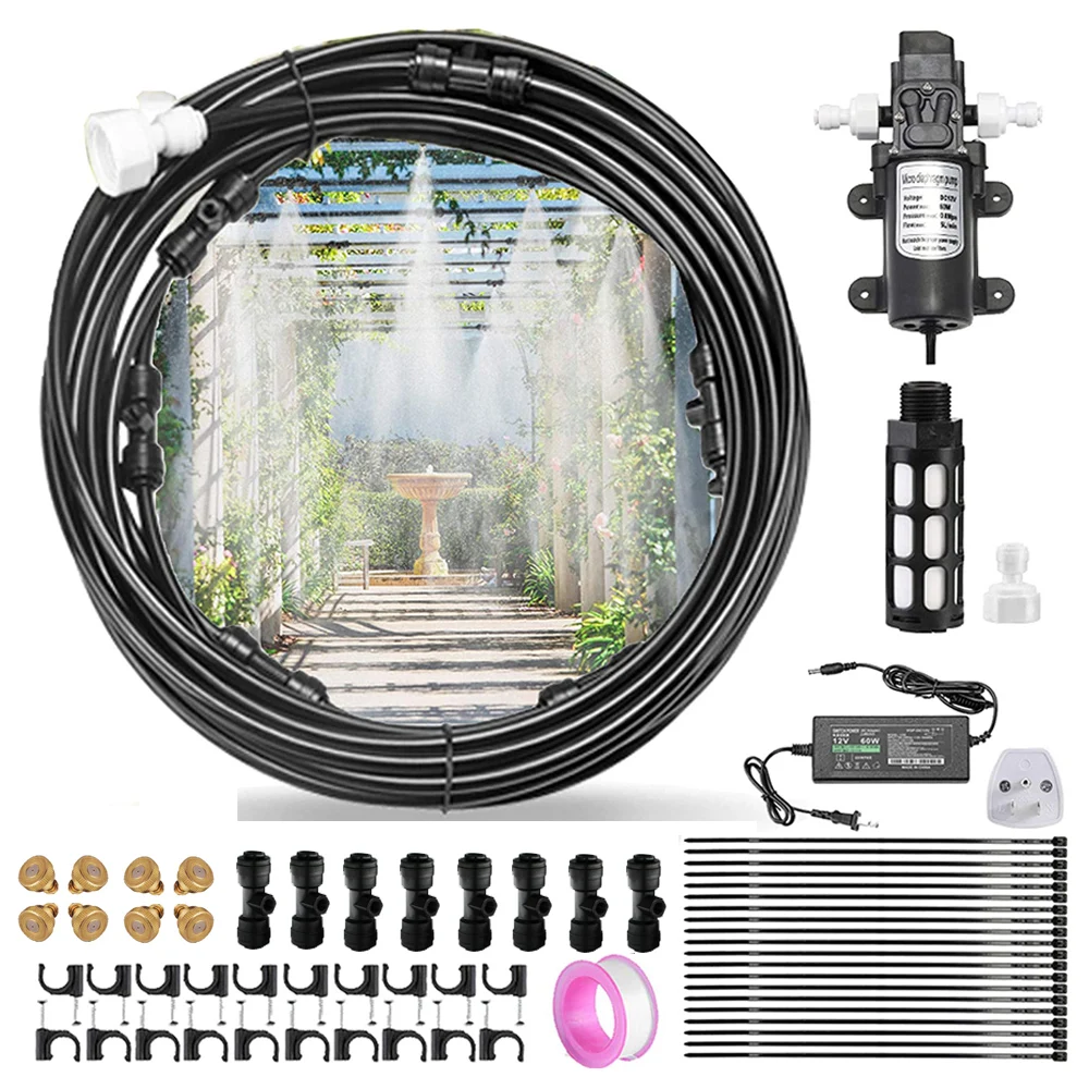 Garden Watering System with 12V 60W Pump Atomizer Misting Cooling Line 6-18 M For Gazebo Patio Summer Cooler