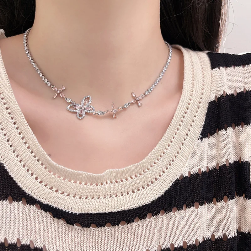 

Luxury Full Crystal Bling Hollow Butterfly Flower Pendant Choker Necklace Party Jewelry