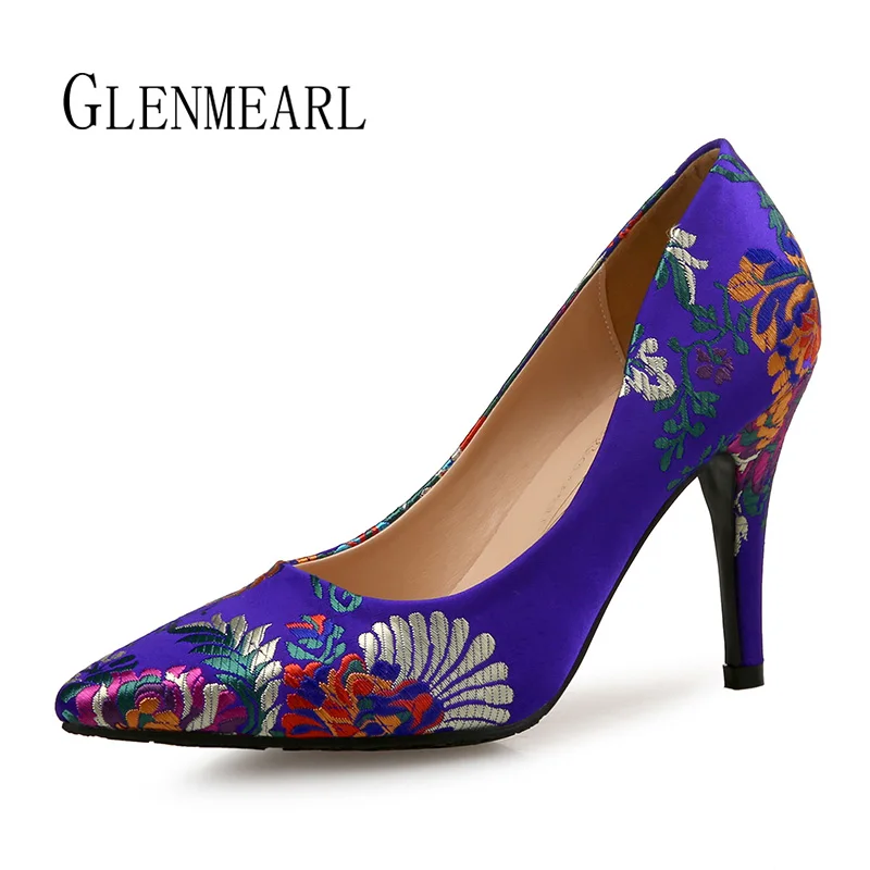 

Women Pumps High Heels Shoes Plus Size Pointed Toe Embroidery Dress Shoes Female Thin Heel Single Wedding Shoes Bride Pumps DO