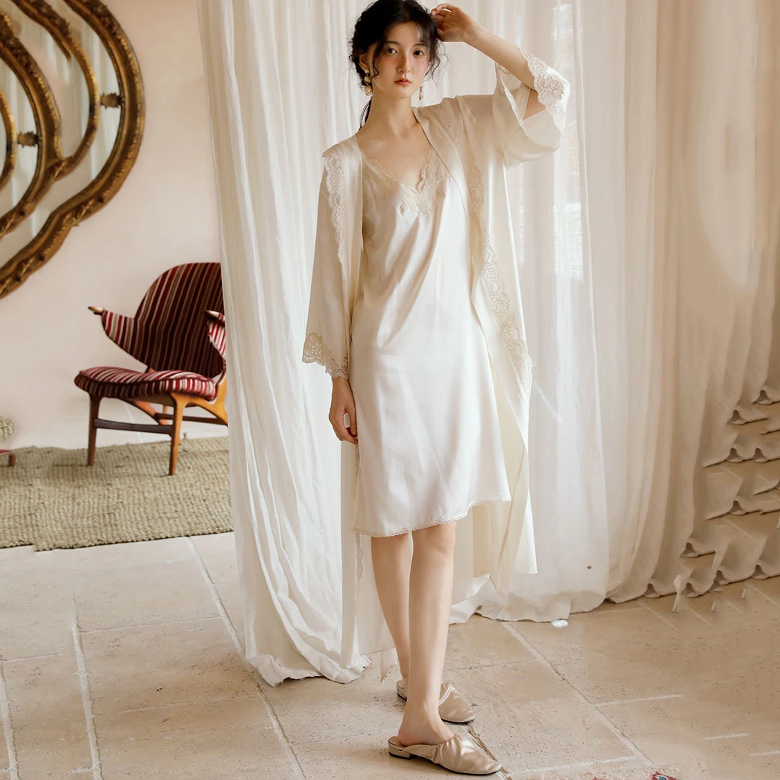 2Pcs Womens Nightdress Satin Lace Nightgowns Sexy Wedding Robe Strap Nightwear Spring Autumn Home Dressing Gown for Women Pajama