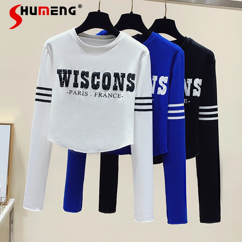

Clothing Female Spring Summer 2022 New Asymmetrical Letter Printing T-shirts with Long Sleeves Women's Slim Fit Crop Top Women
