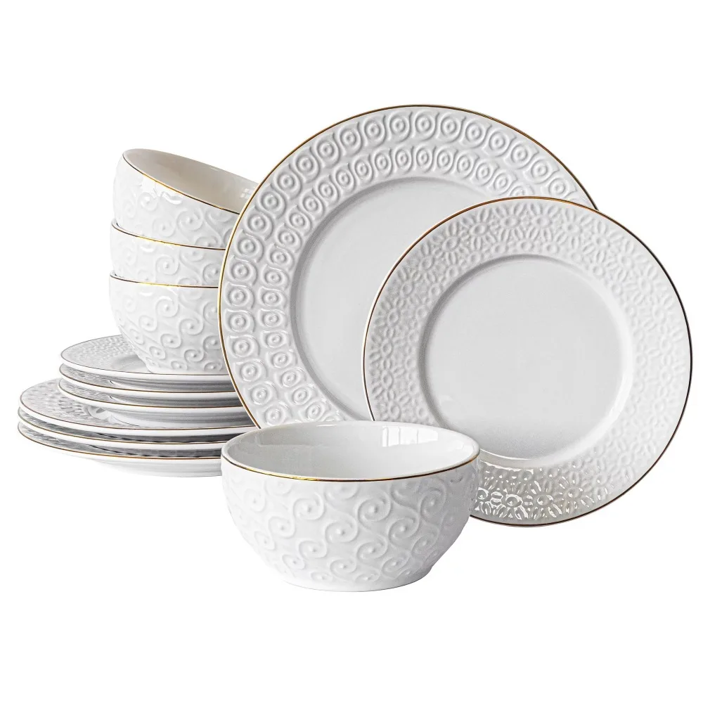 

Tableware Free Shipping Dinner Set 12 Piece Embossed White Stoneware Dinnerware Set By Sofia Bowl Plate Utensils for Kitchen Bar