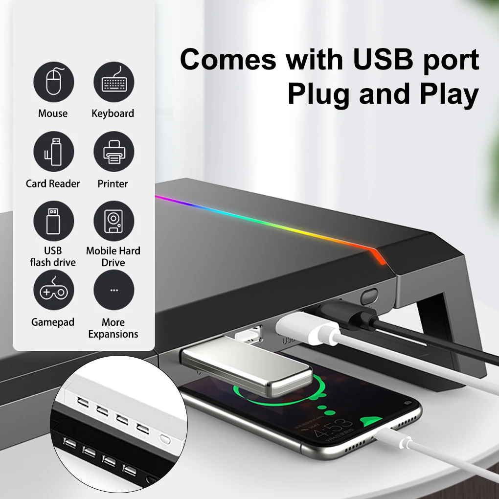 

RGB Breathing Light Universal Monitor Stand Computer Display Laptop Riser USB Splitter Support Phone Bracket Home Supplies