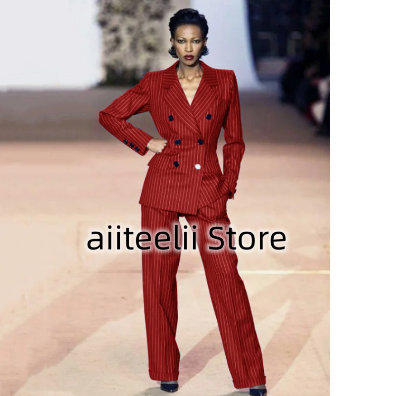 Women's Suit 2-piece Suit Fashionable Striped Double-breasted Slim Fit Handsome Lapel Collar Heroic Suitable for Business Ladies