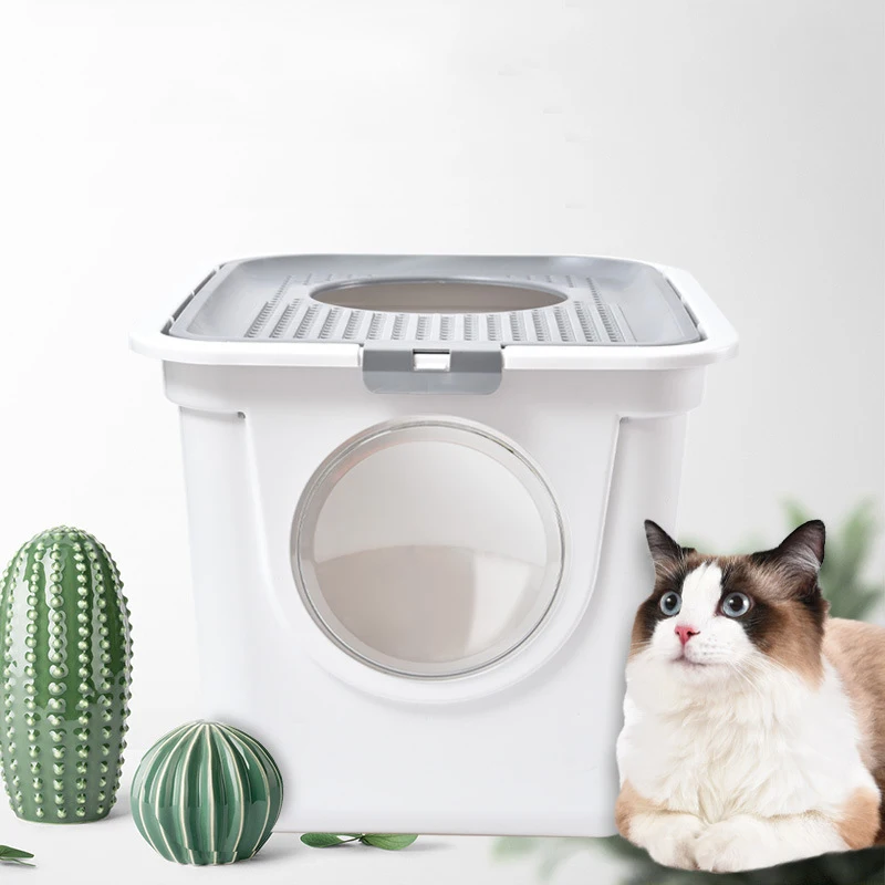 

Top Entry Cat Litter Box Large Semi Closed Scoop Convenient Cleaning Cat Litter Box Bathroom Arenero Gato Pet Supplies OC50MP