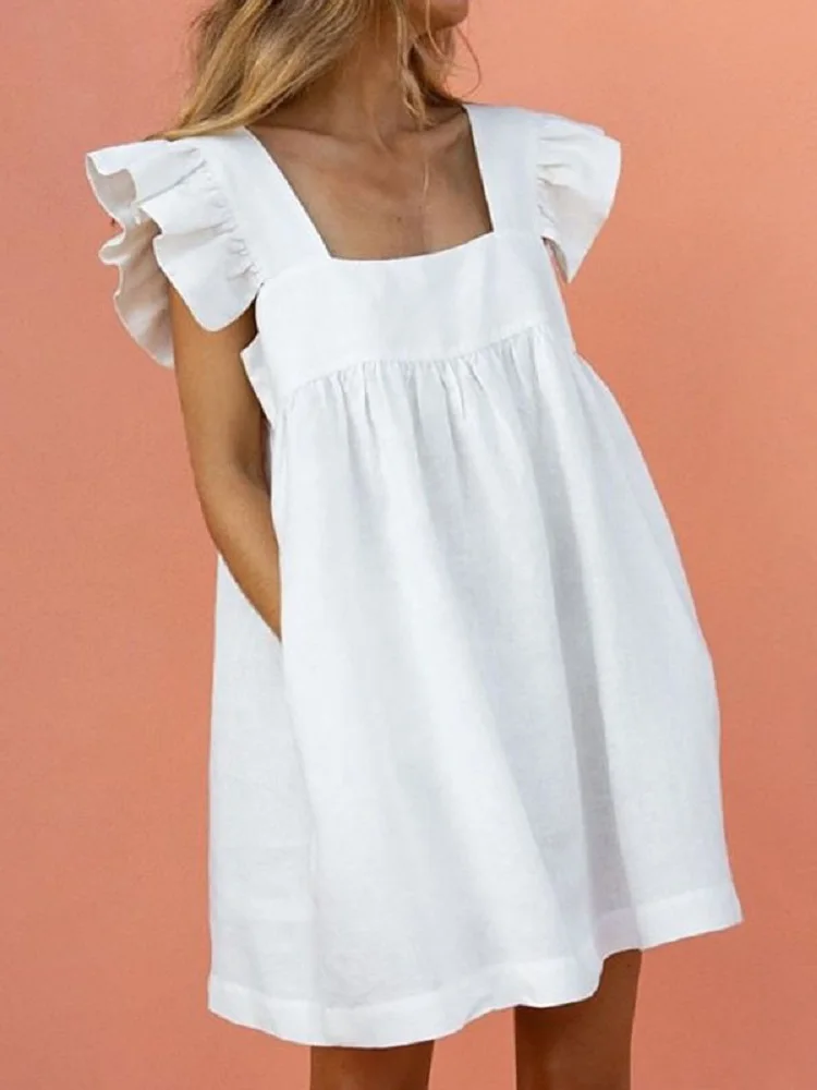 

Fashion Casual Square Collar Sleeveless Backless Pocket 2022 Summer Women Dresses High Waist Loose White Ruffled Vest Dresses