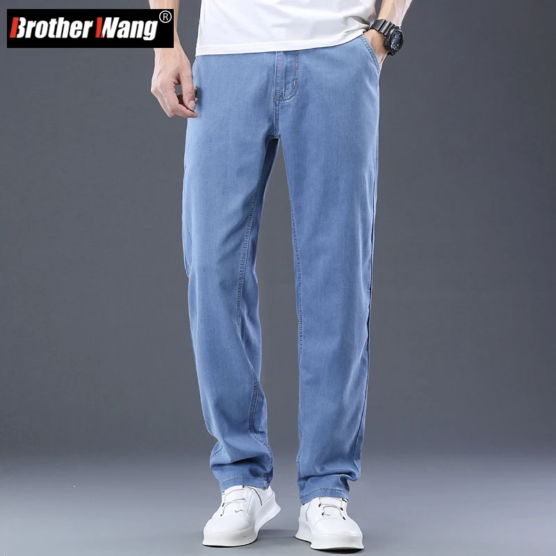 

2022 Summer Men's Thin Light Blue Loose Jeans Lyocell Fabric Comfortable Straight-leg Denim Pants Male Brand Trousers