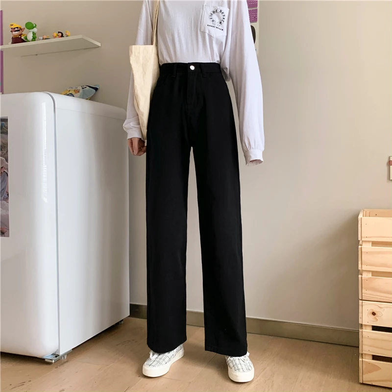 N0344  New year simple high-waist all-match trousers loose straight-leg wide-leg jeans women's jeans
