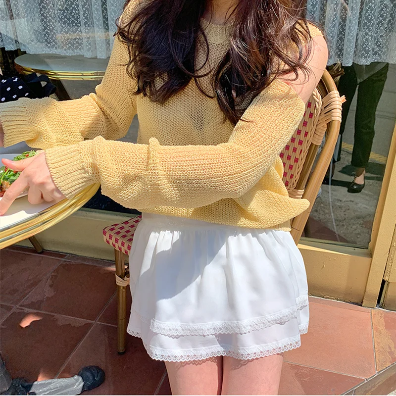 

Sexy Hollow Out Long Sleeve Knit Blouse See Through Thin Soft Sunscreen Shirt Summer Korean Fashion Women O-neck Clothes 26466