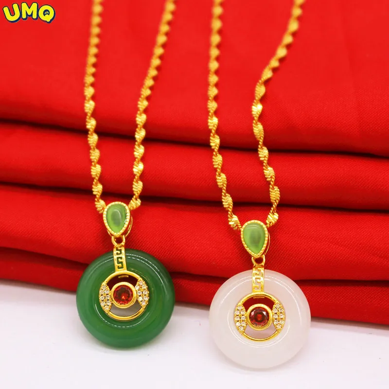 

Not Fade Vietnam Sand Gold Inlaid Jade Pendant Women's Safety Buckle Chalcedony Necklace National Style Clavicle Chain Jewelry