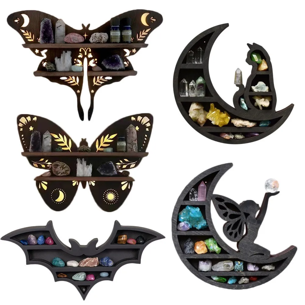 

Wooden Crystal Display Shelf Heart Black Cat Wolf Witch Fairy Butterfly Design for Living Dinning Room Bed Storage Home Decor