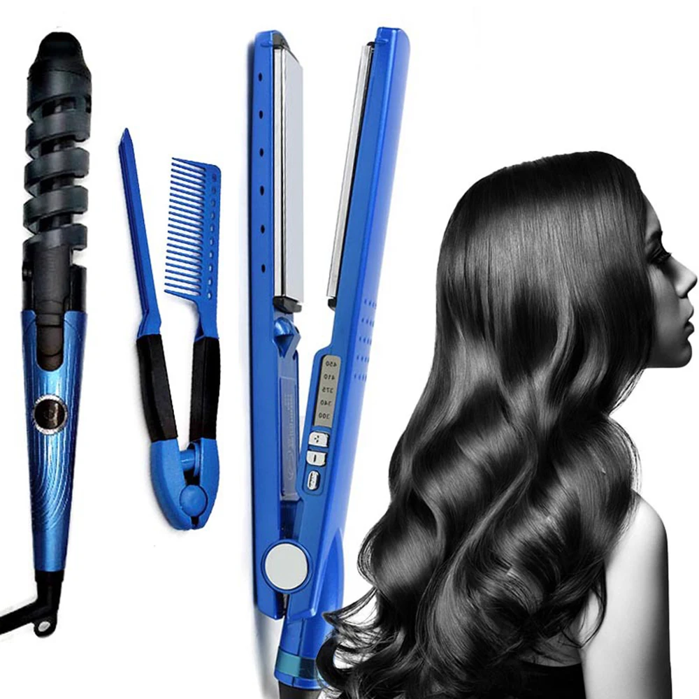 

3 in1 Professional Hair Straightener Curling Iron Set PTC Heating Flat Iron Comb Tourmaline Ceramic with Digital Max 230℃/450℉