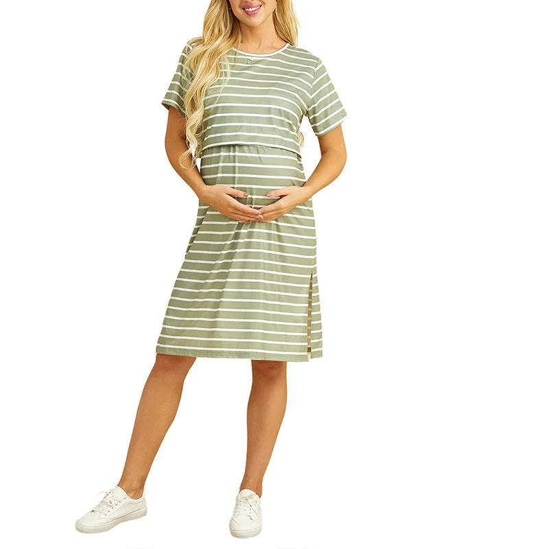 New Summer Maternity Dress Plus Size Dress Striped Short Sleeve Breastfeeding Dress Casual Cotton Split Fork Pregnancy Clothes