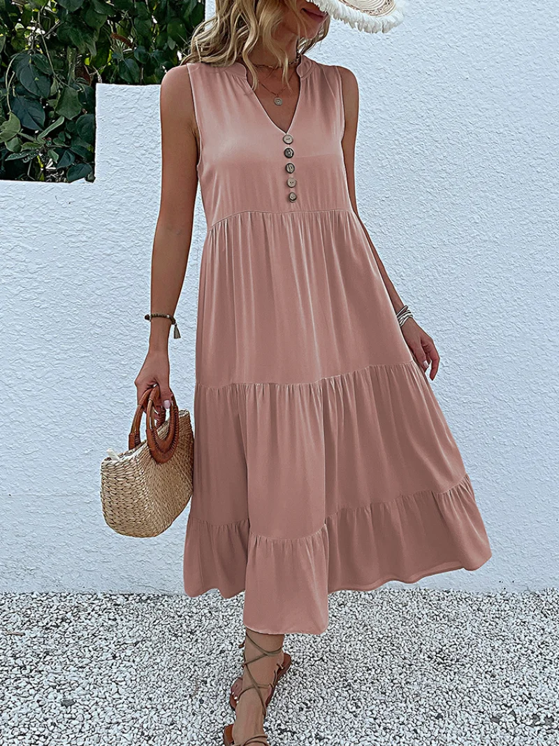 

Tank Dresses Loose Casual V Elegant Fashion Beach 2023 Buttons Sleeveless Midi Dress Neck Women Ruffle Sundress Summer Soild