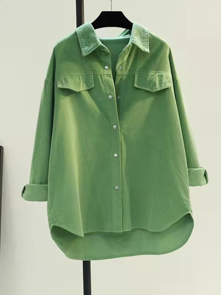 

Oversized Green Corduroy Blouse Women Shirts 2023 New Loose Button Up Shirt Women's Long Sleeve White Shirt Casual Tops Tunic