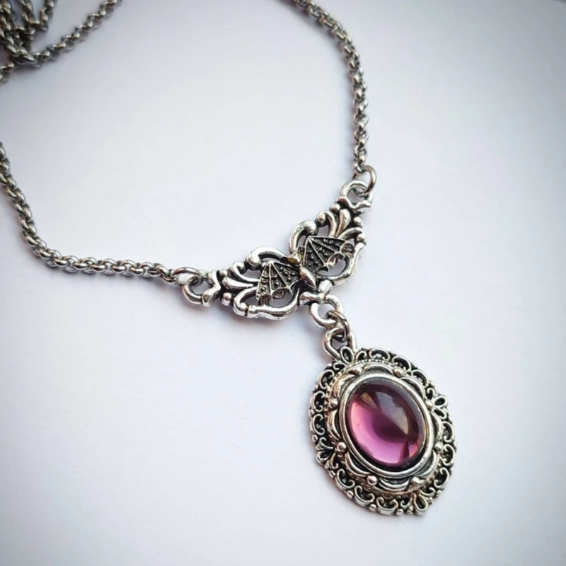

M2EA Vintage Lace Victorian Necklace Vampire-Bat Gothic Choker Chunky Chain Purple Crystal Gemstone-Pendant Necklace Unisex