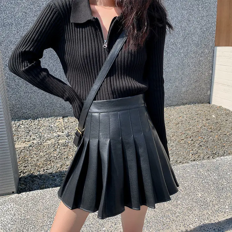 

2023 New Hot Skirts Free Shipping New High Waist Faux Leather Skater Flare Casual Mini Knee Length Solid Color Skirt T367