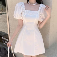 summer new korean solid dress women elegant bandage puff sleeve dress square collar dress women clothing vintage dress 150i
