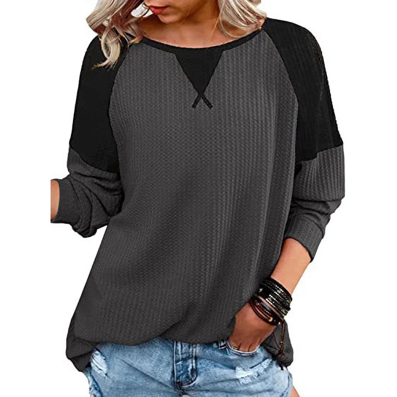 

Plaid Patchwork Collision Shirt Border Waffle Pullover Splice O Neck T-shirt Pullover Raglan Sleeve Shirt Women Causal Loose