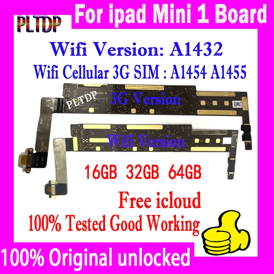 A1432  A1454  A1455 Original Unlocked For Ipad MINI 1 Motherboard with IOS System Free icloud Logic boards Tested Well Plate