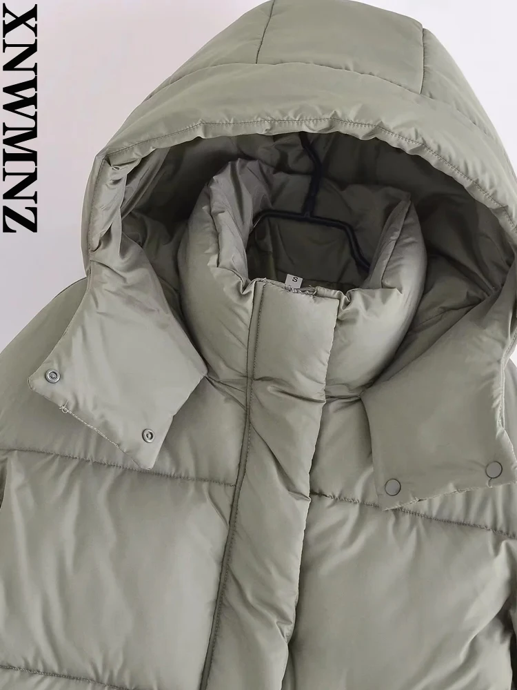 XNWMNZ Women Fashion Hooded Thick Warm Padded Crop Jacket Coat Woman Vintage Front Zip Pockets Female Outerwear Chic Tops