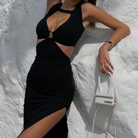 summer new fashion sexy hollow halter vest stitching mid length slits wrapped chest dress pencil skirt womens clothing 2022 new