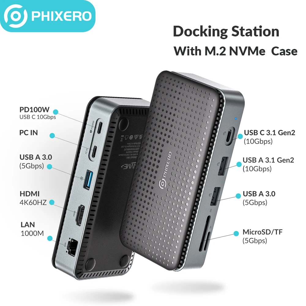 

USB-концентратор PHIXERO с M.2 NVMe SATA, 10 Гбит/с, 4K 60 Гц