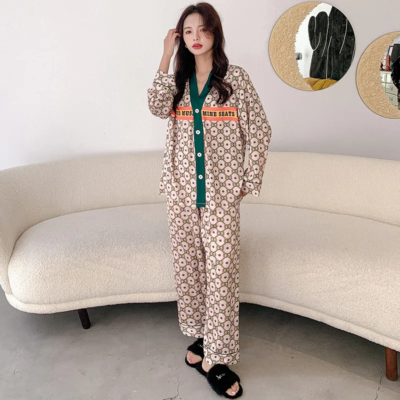 Luxury Women Pajamas 2PCS Set V NECK Plaid Print Sleepwear Silk Home Clothing Large Nightwear For Spring Summer