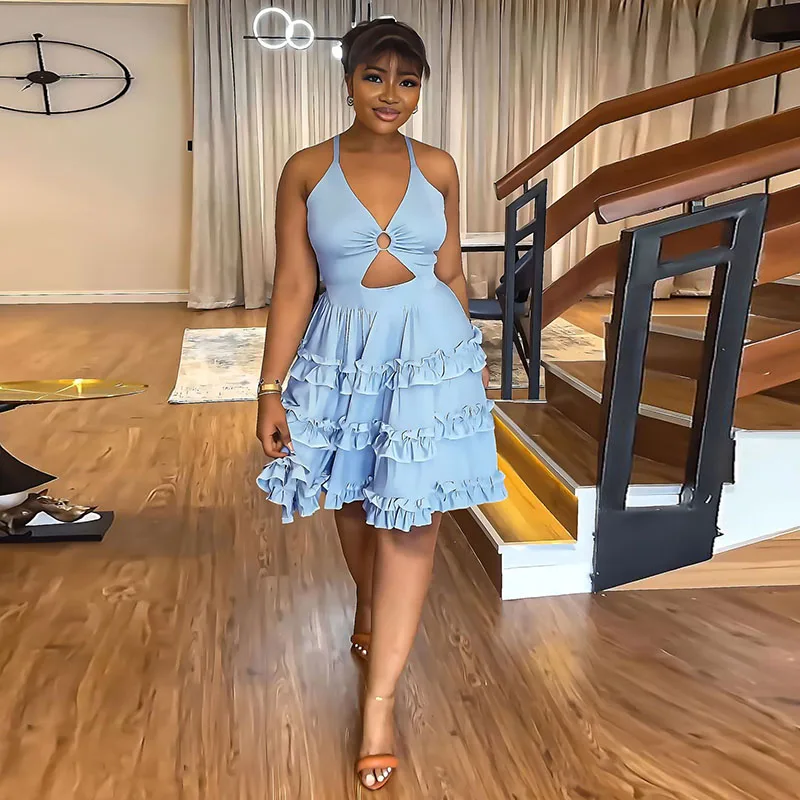 

Elegant Layered Ruffle Cake Dresses Woman Summer Sleeveless Sling Cross Backless Big Swing Birthday Mini Evening African Dresses