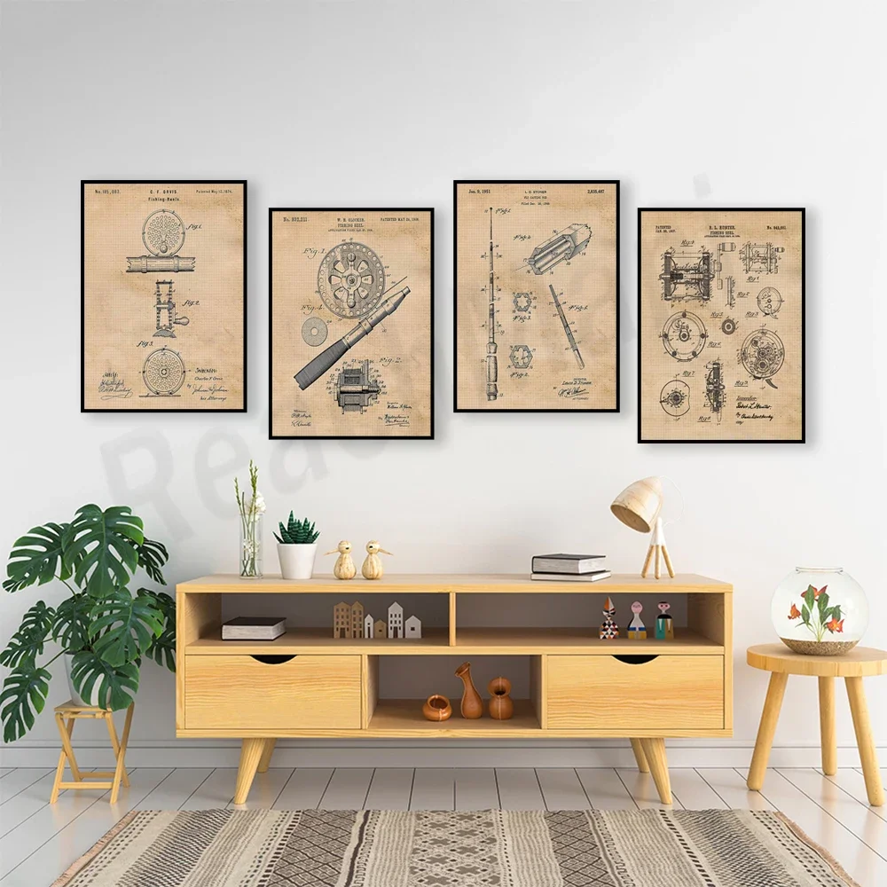 Патентный принт на рыболовную катушку в стиле ретро настенный художественный