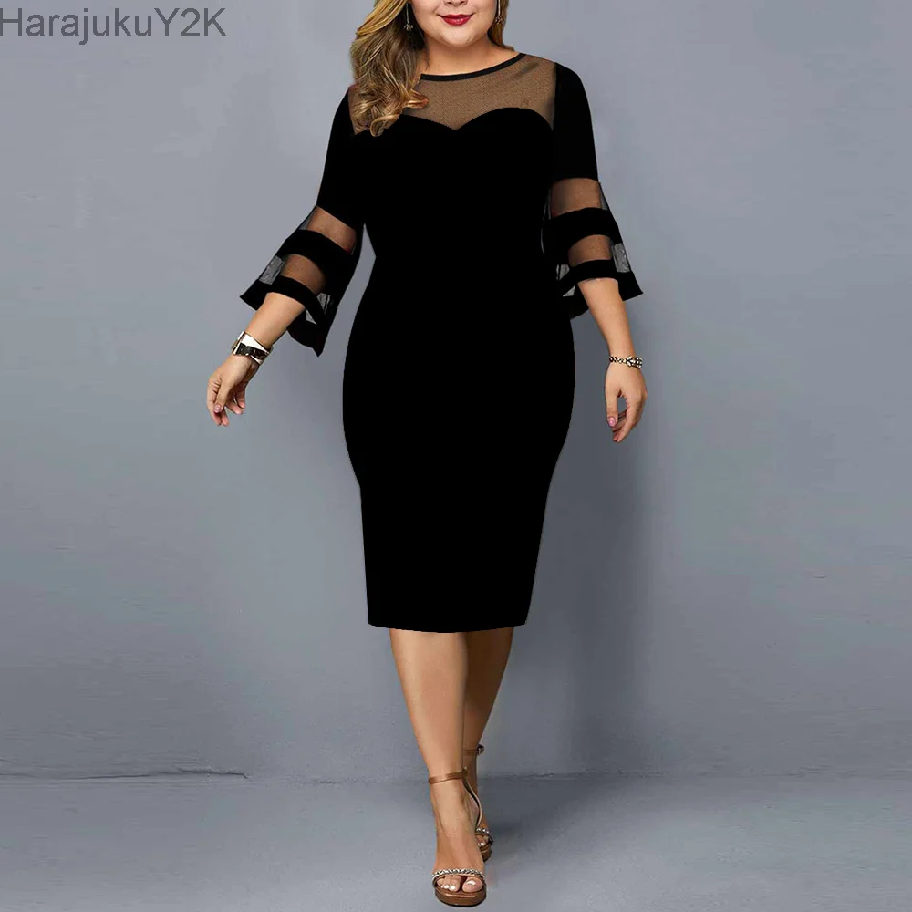 Plus Size Dress Women Evening Party Dresses 2022 New Elegant Mesh Sleeve Casual Dress Black Plus Size Women Clothing 3XL 4XL 5XL