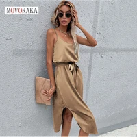 movokaka woman summer sexy strap split mid dress elegant party sashes solid color vestidos vintage holiday casual beach dresses