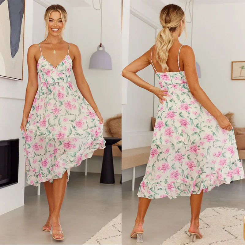 

2022European and American Spring and Summer New Sexy Strap Backless Print Large Swing Dress for Women